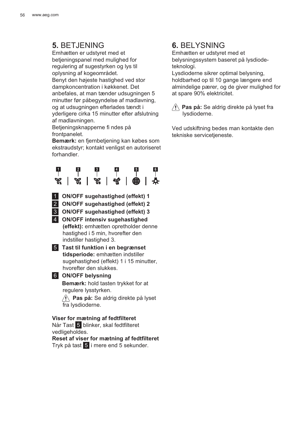 Betjening, Belysning | AEG X99484MD1 User Manual | Page 56 / 160