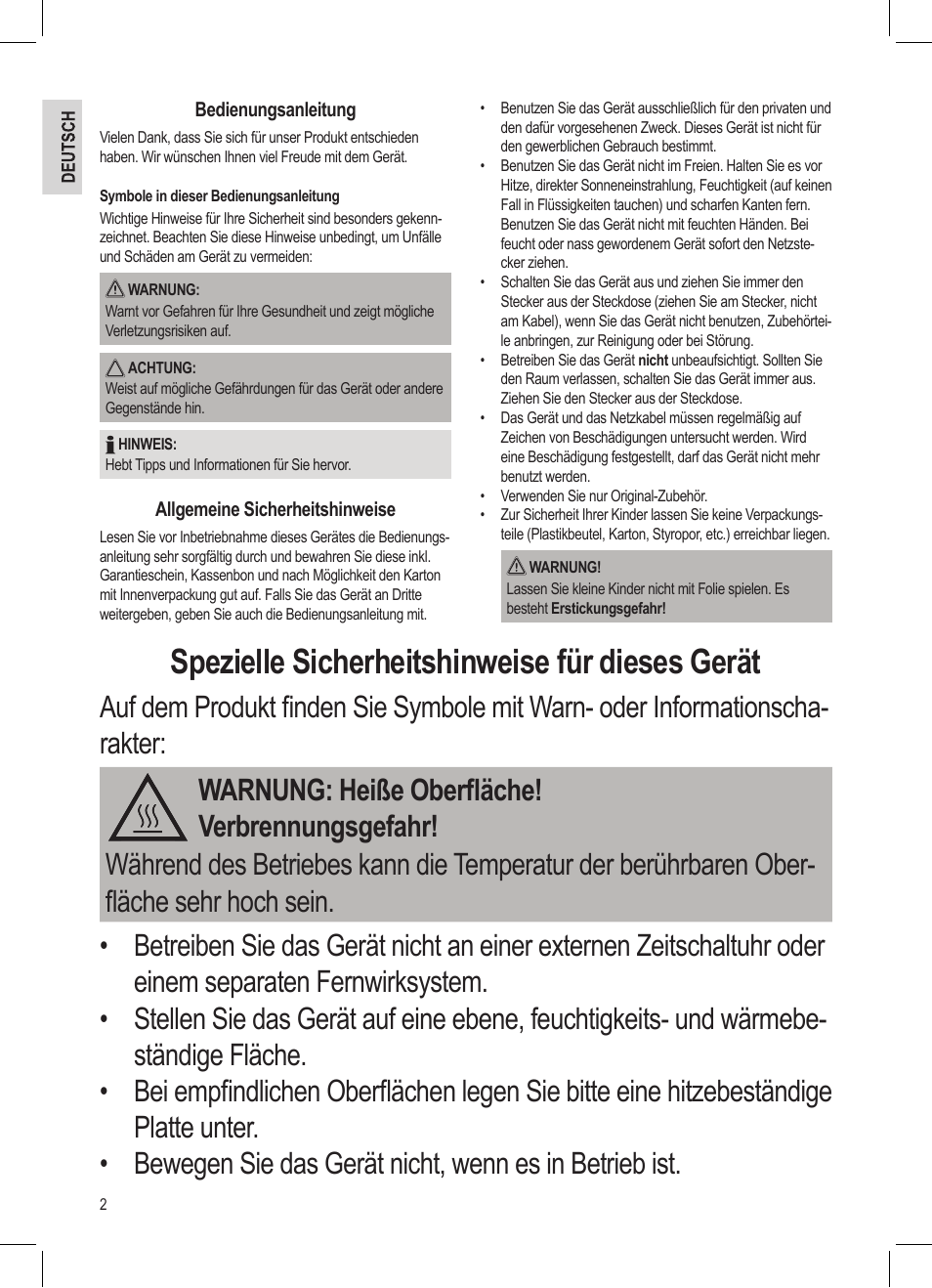 Spezielle sicherheitshinweise für dieses gerät | AEG MC 4461 BT wei User Manual | Page 2 / 48