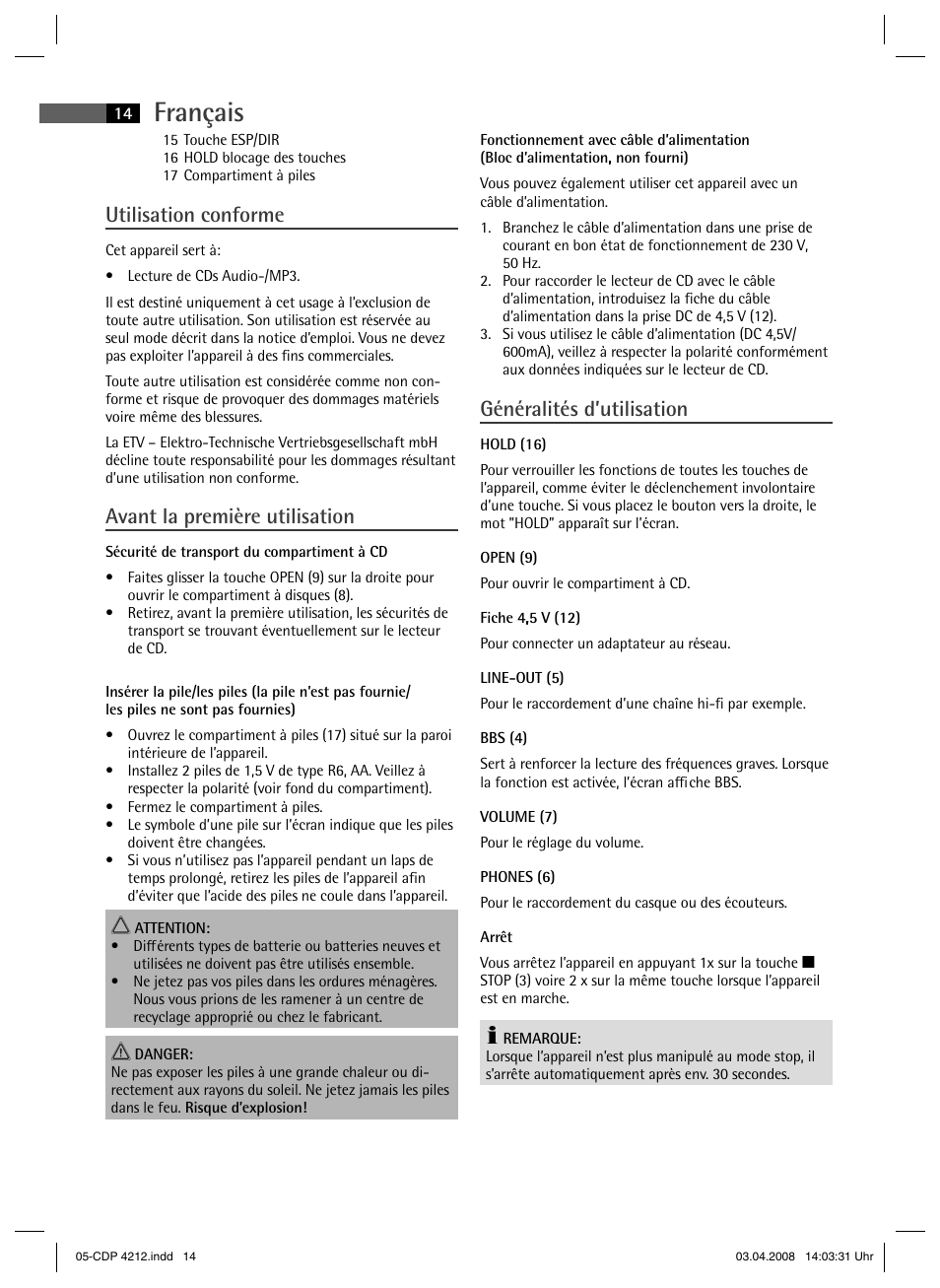 Français, Utilisation conforme, Avant la première utilisation | Généralités d’utilisation | AEG CDP 4212 User Manual | Page 14 / 54