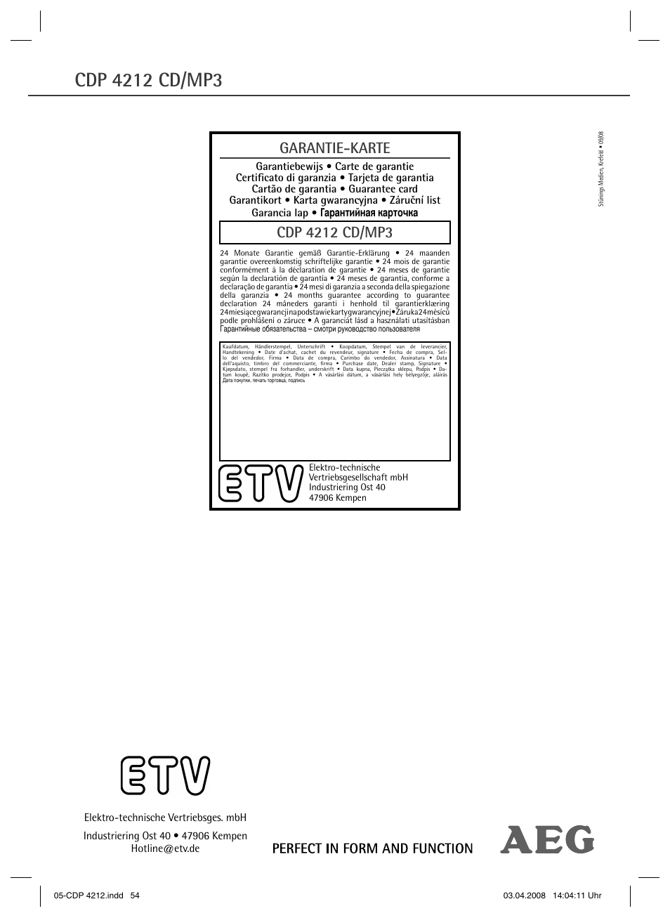 Garantie-karte | AEG CDP 4212 User Manual | Page 54 / 54