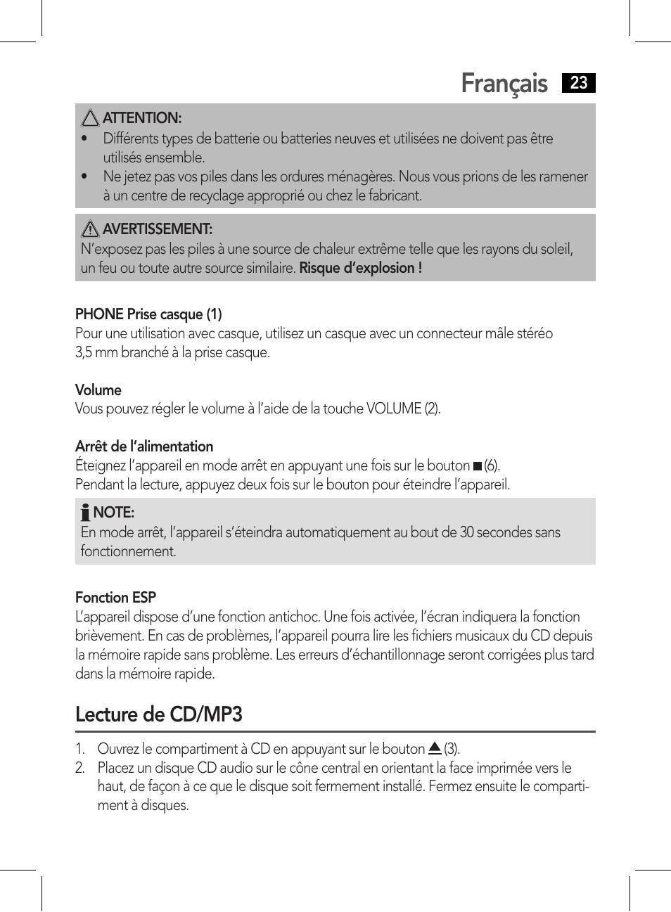 Français, Lecture de cd/mp3 | AEG CDP 4226 schwarz User Manual | Page 23 / 78
