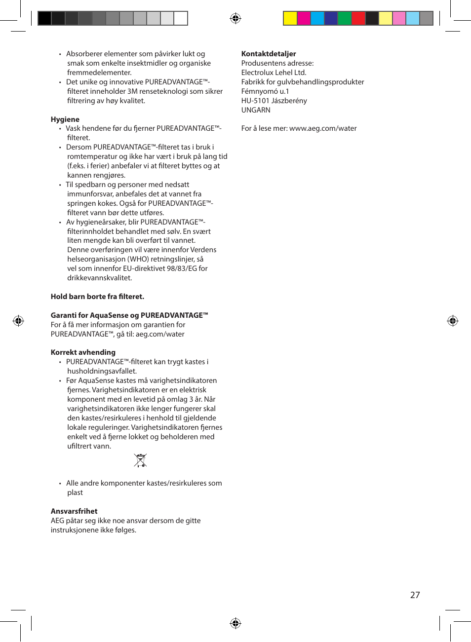AEG AquaSense AWFLJL3 User Manual | Page 27 / 30