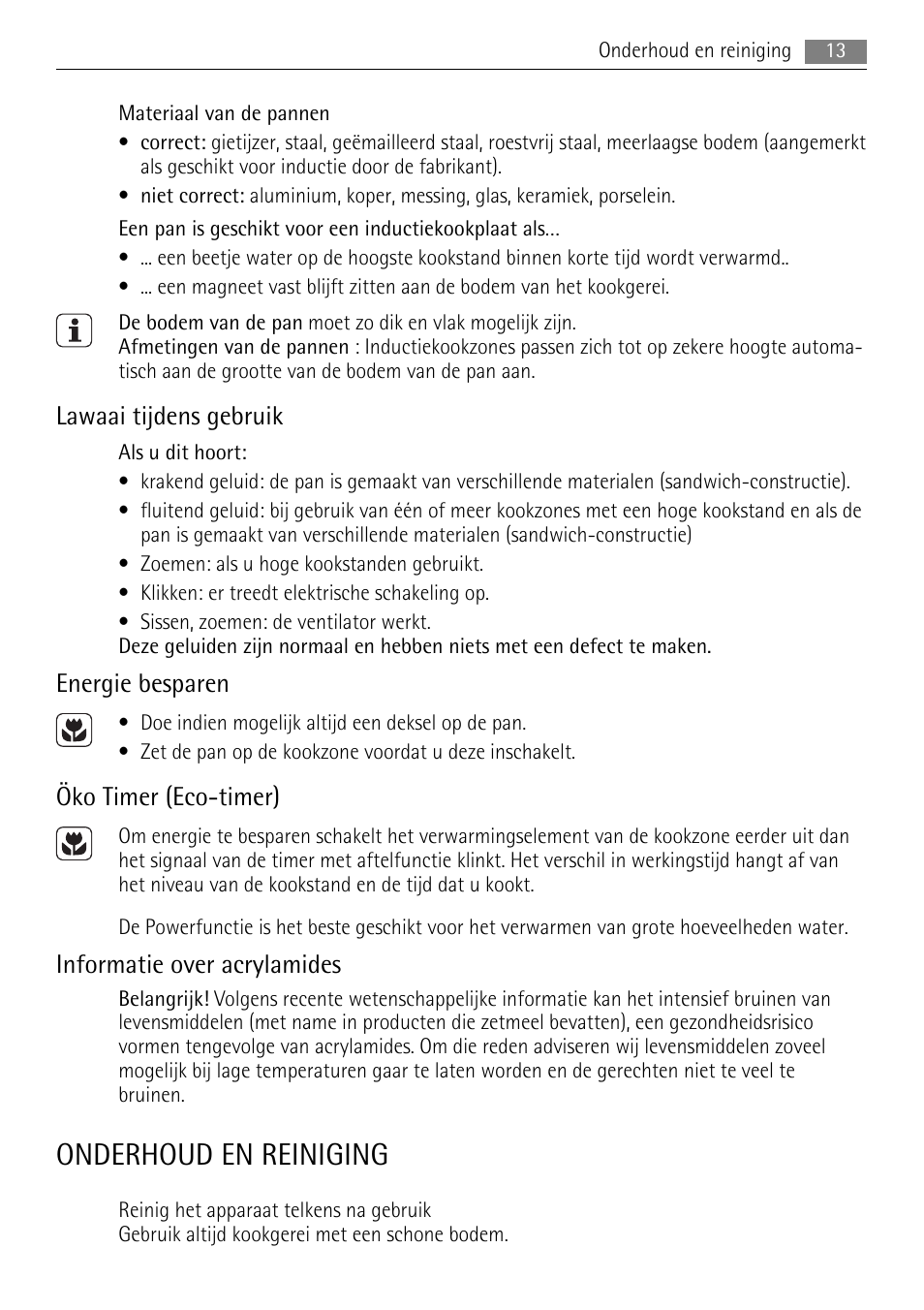 Onderhoud en reiniging, Lawaai tijdens gebruik, Energie besparen | Öko timer (eco-timer), Informatie over acrylamides | AEG HC652600EB User Manual | Page 13 / 76