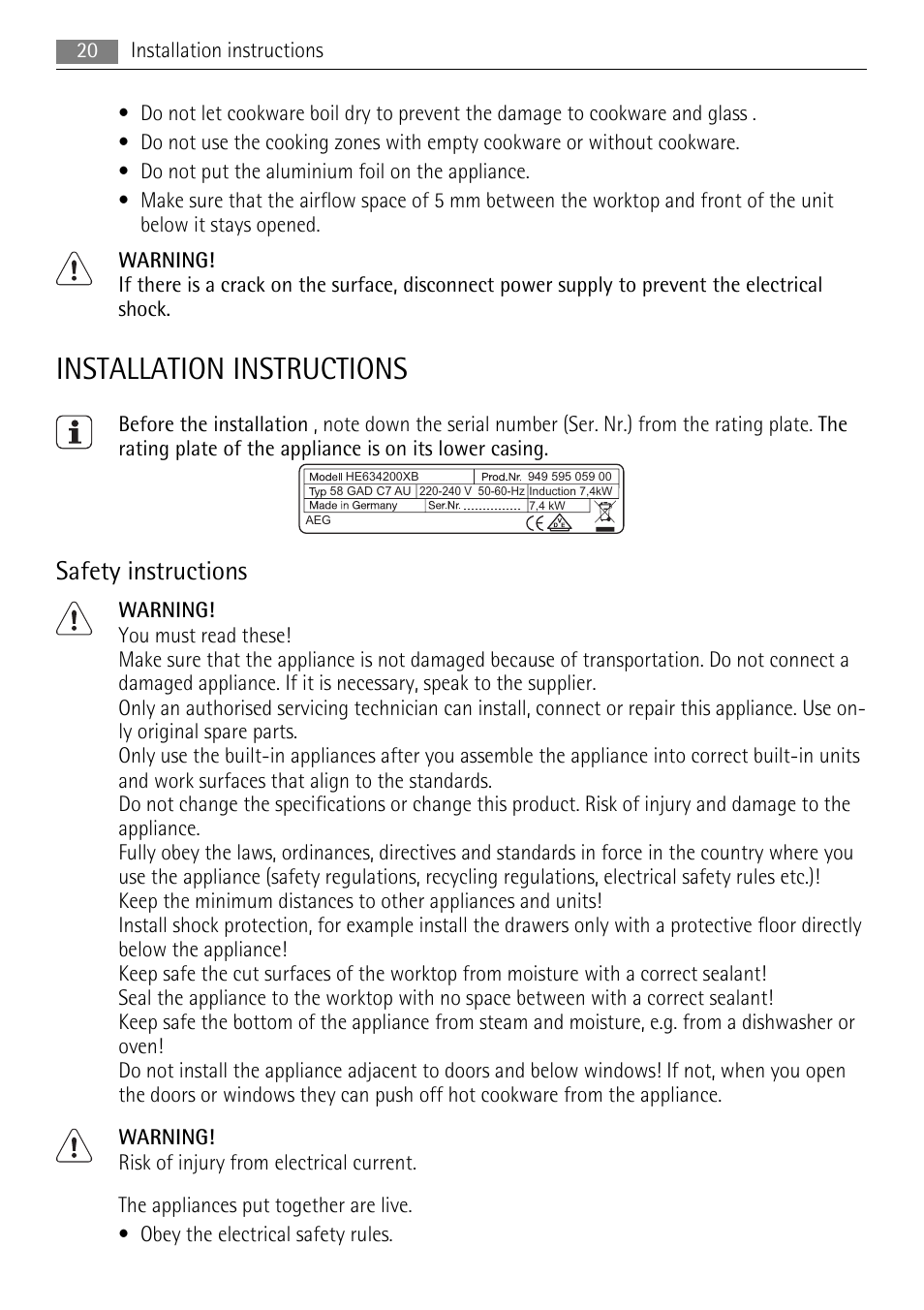 Installation instructions, Safety instructions | AEG HC652600EB User Manual | Page 20 / 76