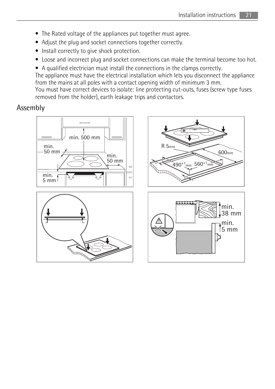 Assembly, Min. 38 mm min. 5 mm | AEG HC652600EB User Manual | Page 21 / 76