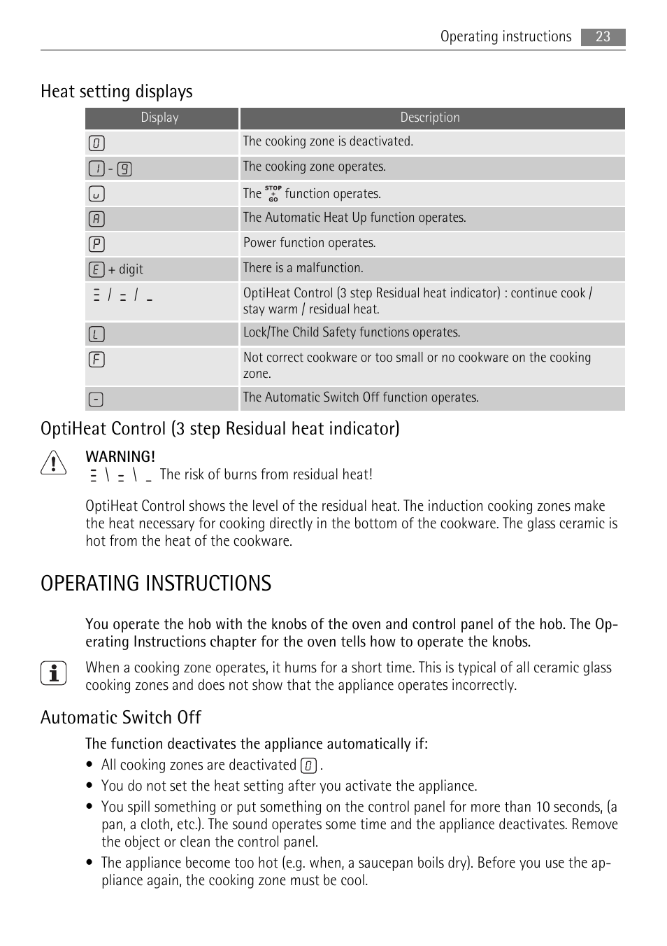 Operating instructions, Heat setting displays, Optiheat control (3 step residual heat indicator) | Automatic switch off | AEG HC652600EB User Manual | Page 23 / 76