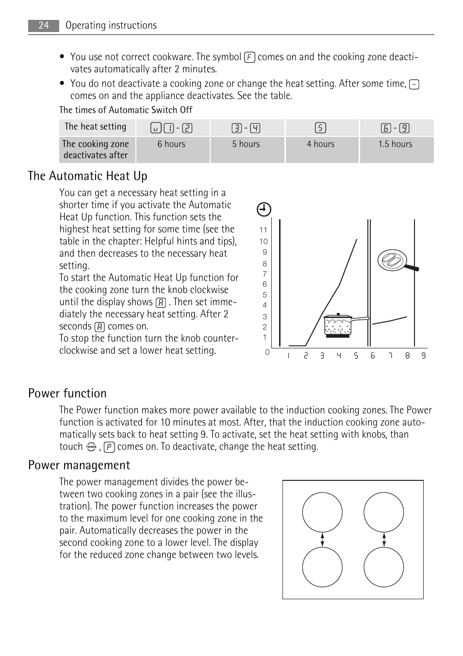 The automatic heat up, Power function, Power management | AEG HC652600EB User Manual | Page 24 / 76