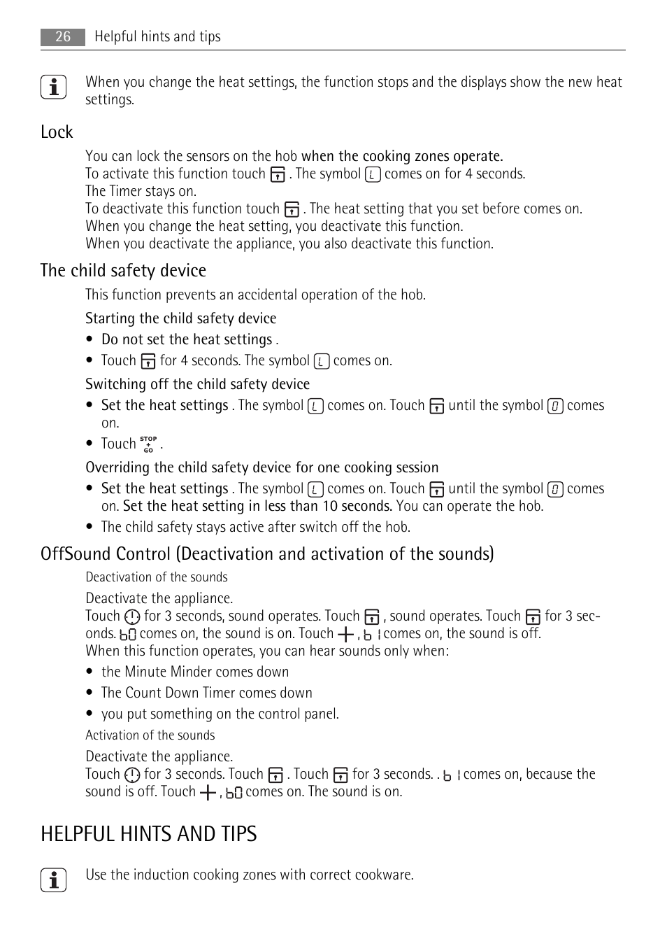 Helpful hints and tips, Lock, The child safety device | AEG HC652600EB User Manual | Page 26 / 76