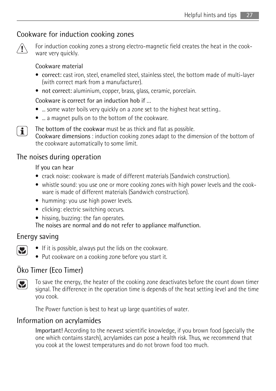 Cookware for induction cooking zones, The noises during operation, Energy saving | Öko timer (eco timer), Information on acrylamides | AEG HC652600EB User Manual | Page 27 / 76