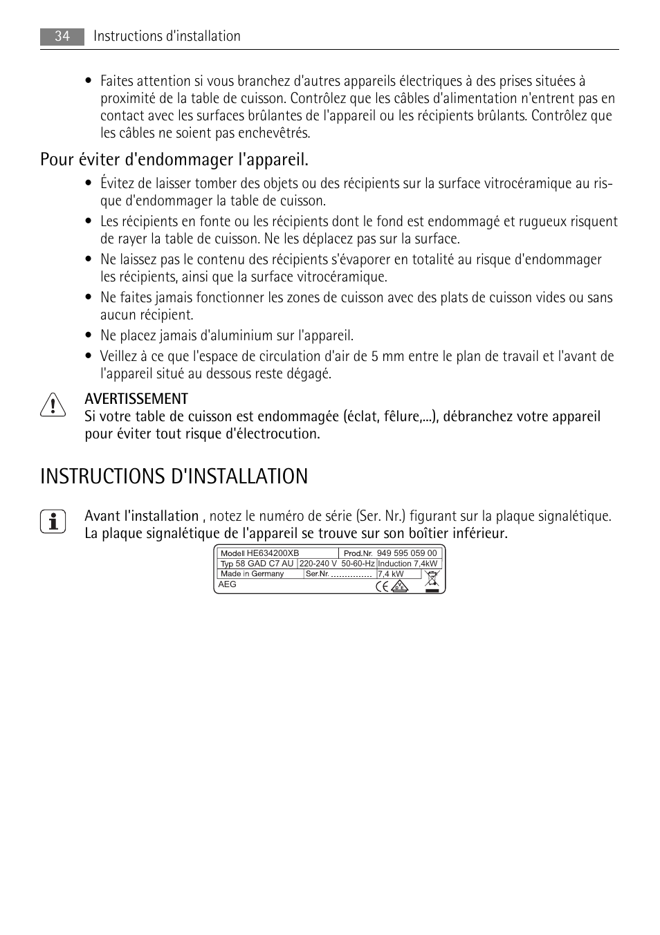 Instructions d'installation, Pour éviter d'endommager l'appareil | AEG HC652600EB User Manual | Page 34 / 76