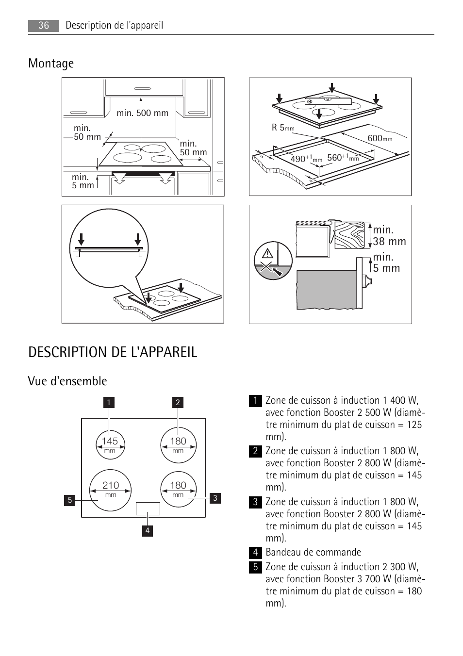 Description de l'appareil, Montage, Vue d'ensemble | Min. 38 mm min. 5 mm | AEG HC652600EB User Manual | Page 36 / 76