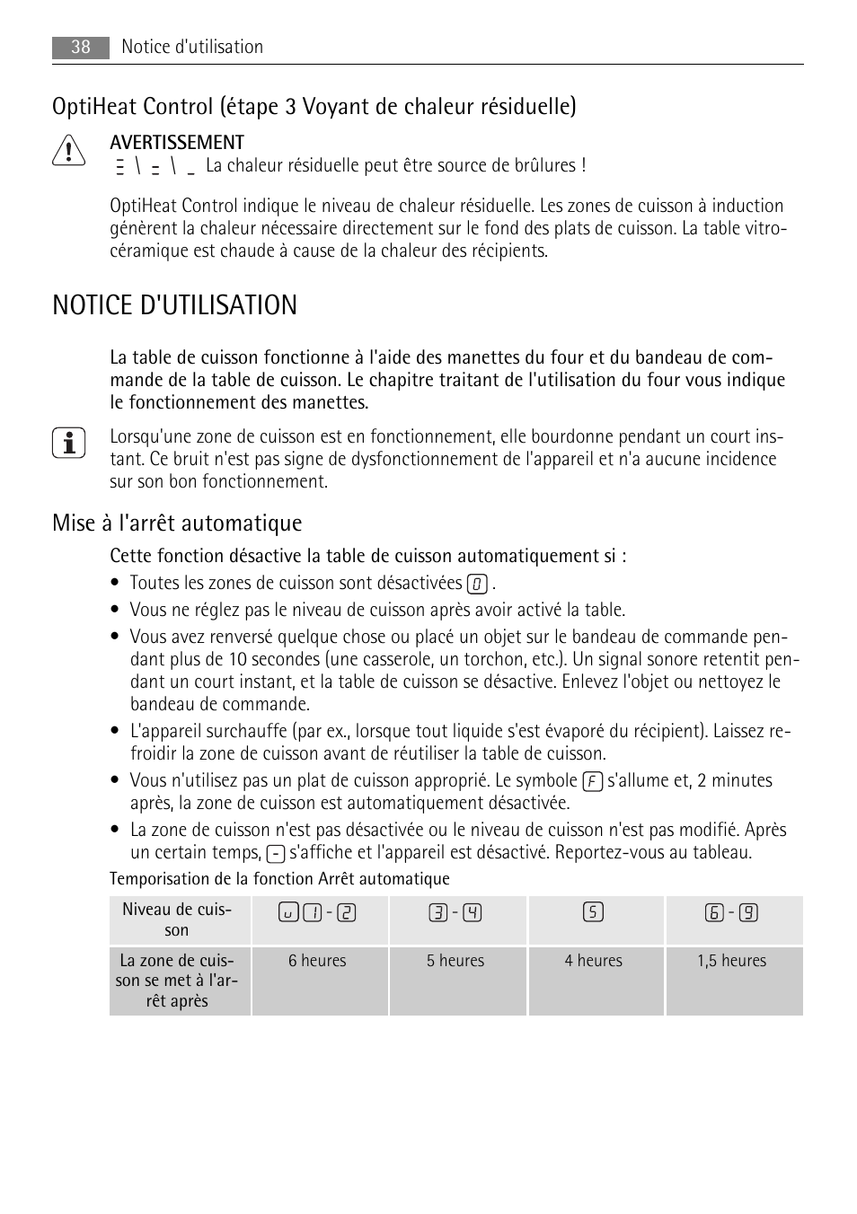 Notice d'utilisation, Mise à l'arrêt automatique | AEG HC652600EB User Manual | Page 38 / 76