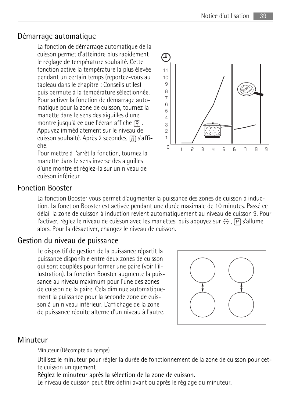 Démarrage automatique, Fonction booster, Gestion du niveau de puissance | Minuteur | AEG HC652600EB User Manual | Page 39 / 76