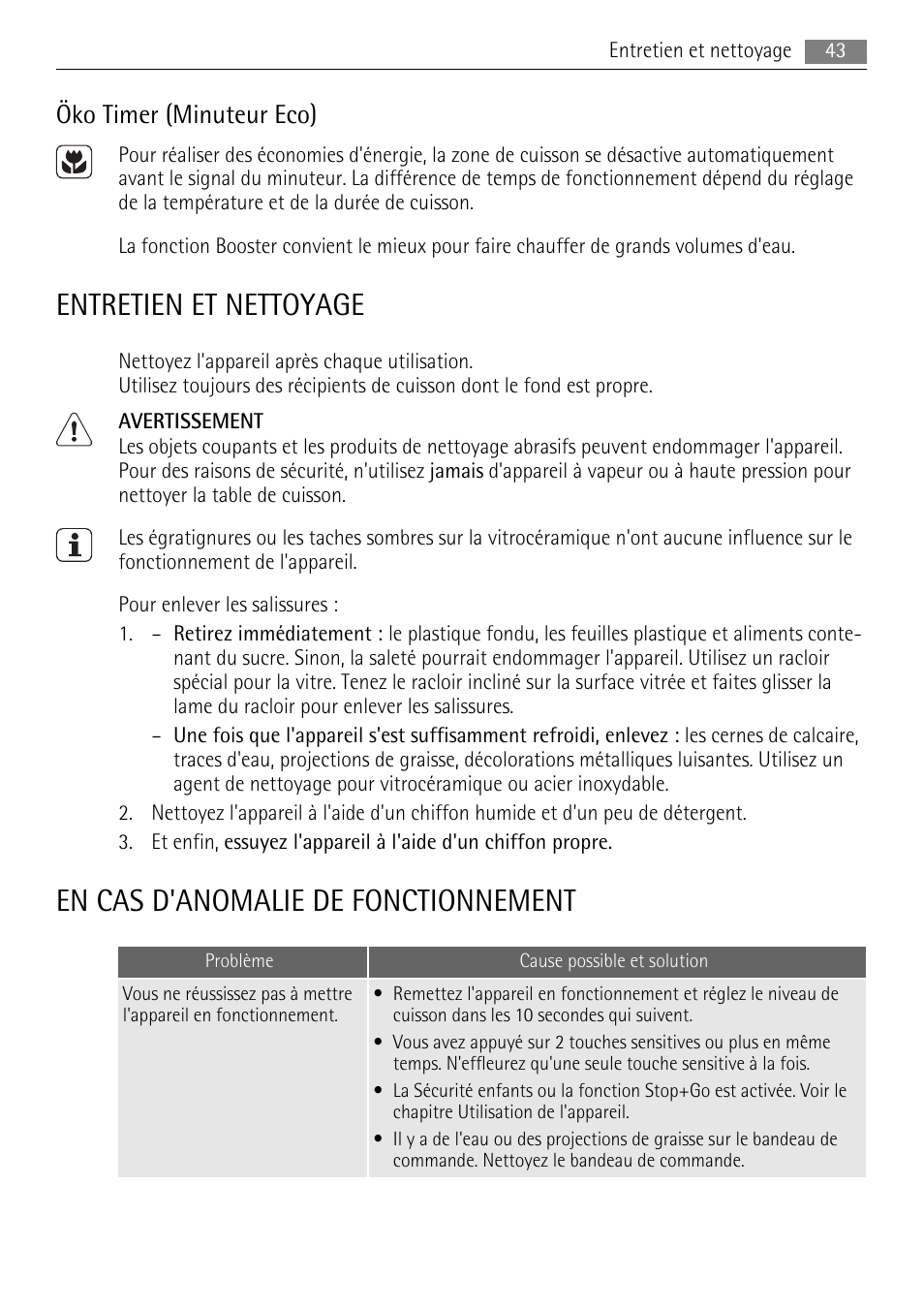 Entretien et nettoyage, En cas d'anomalie de fonctionnement, Öko timer (minuteur eco) | AEG HC652600EB User Manual | Page 43 / 76