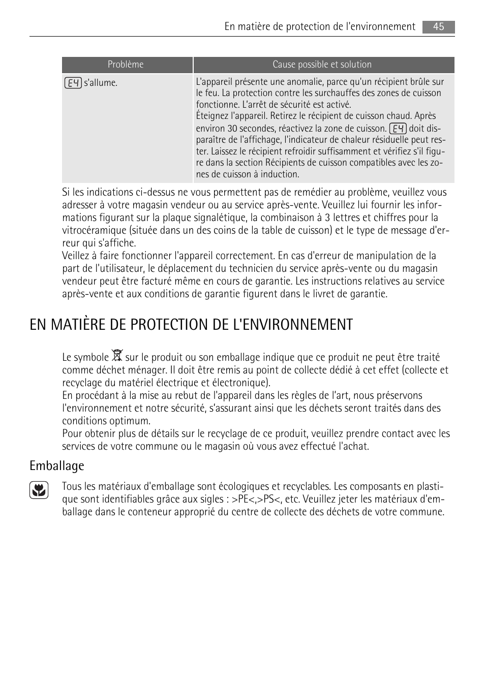 En matière de protection de l'environnement, Emballage | AEG HC652600EB User Manual | Page 45 / 76