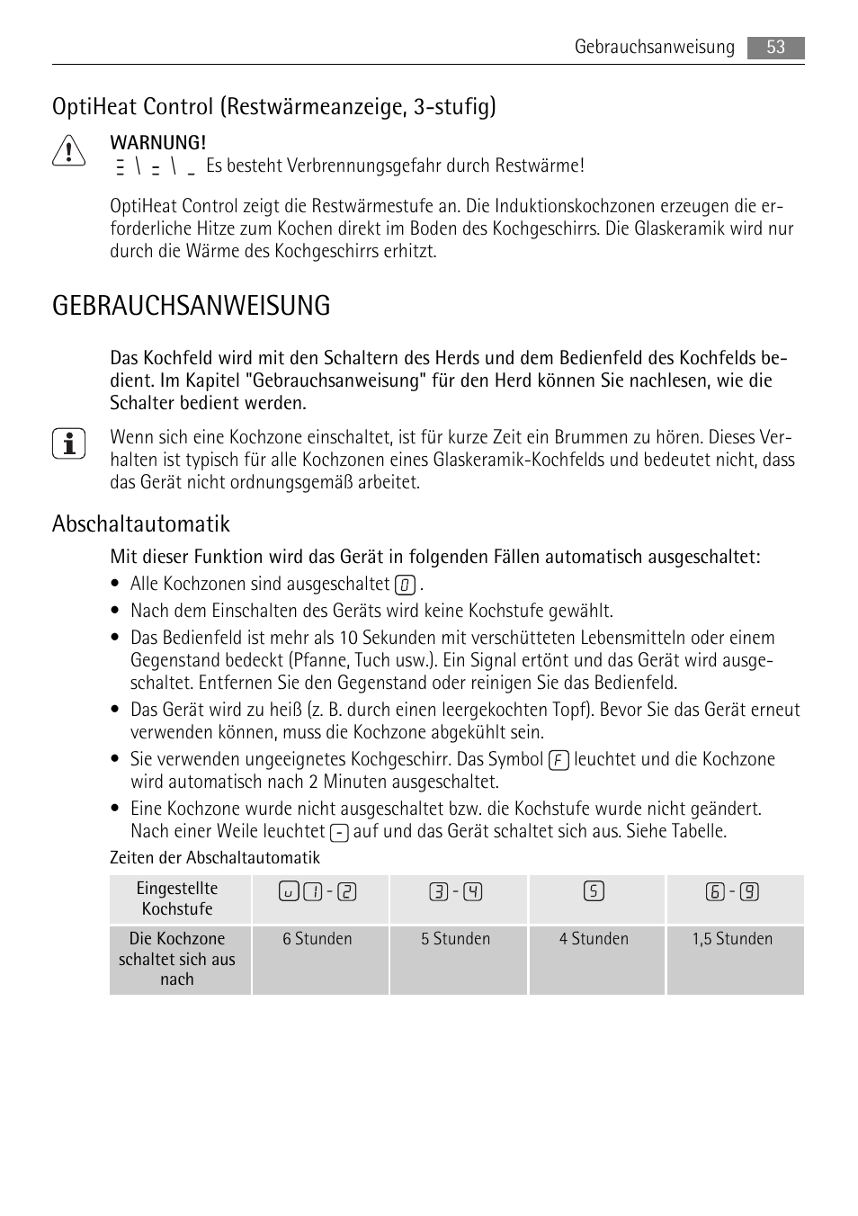 Gebrauchsanweisung, Optiheat control (restwärmeanzeige, 3-stufig), Abschaltautomatik | AEG HC652600EB User Manual | Page 53 / 76