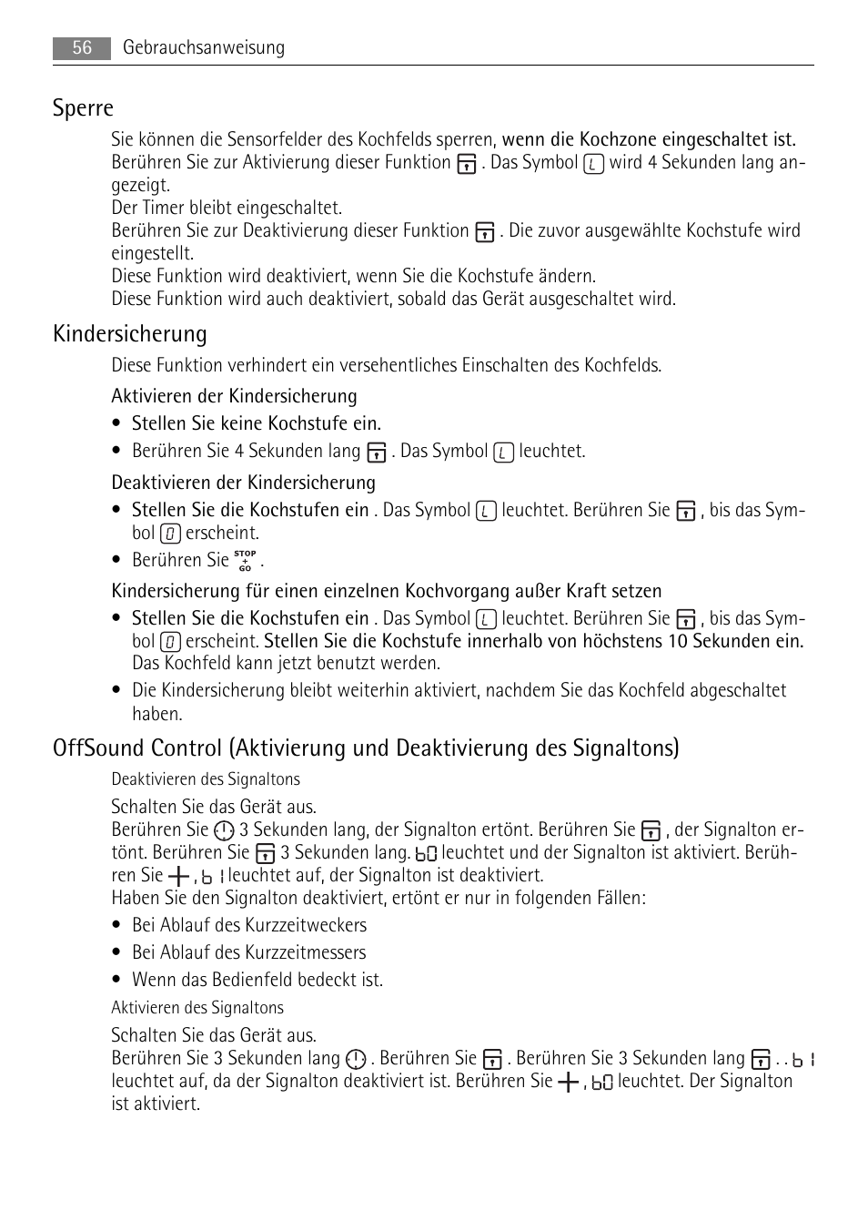 Sperre, Kindersicherung | AEG HC652600EB User Manual | Page 56 / 76