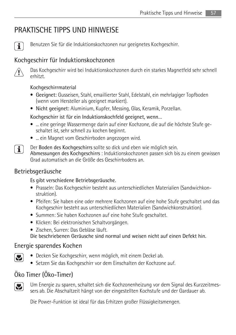 Praktische tipps und hinweise, Kochgeschirr für induktionskochzonen, Betriebsgeräusche | Energie sparendes kochen, Öko timer (öko-timer) | AEG HC652600EB User Manual | Page 57 / 76