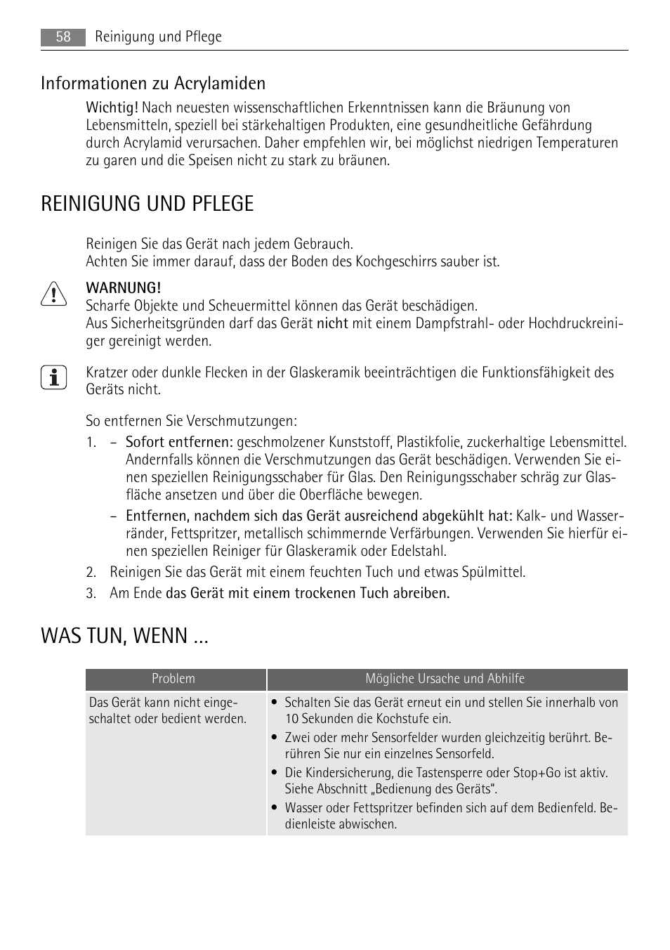 Reinigung und pflege, Was tun, wenn, Informationen zu acrylamiden | AEG HC652600EB User Manual | Page 58 / 76