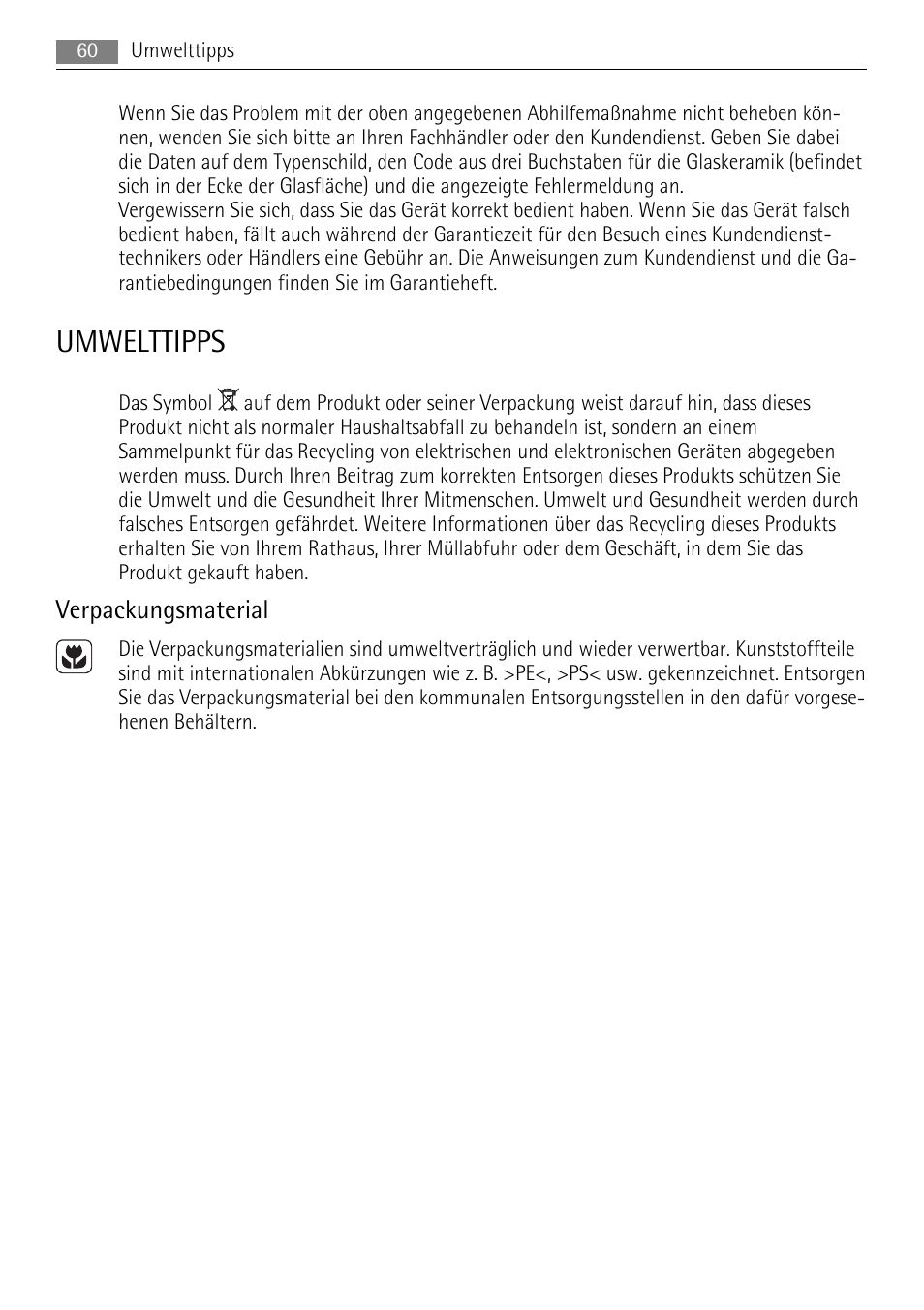 Umwelttipps, Verpackungsmaterial | AEG HC652600EB User Manual | Page 60 / 76