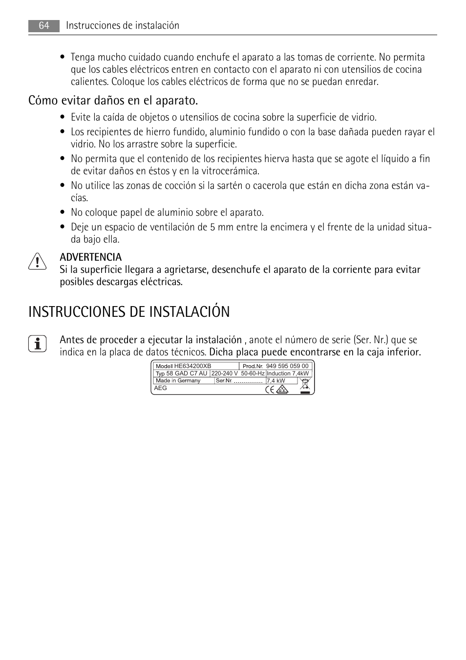 Instrucciones de instalación, Cómo evitar daños en el aparato | AEG HC652600EB User Manual | Page 64 / 76