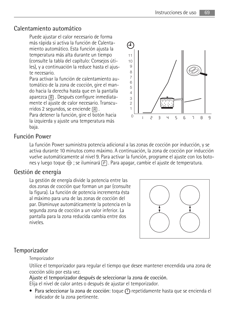 Calentamiento automático, Función power, Gestión de energía | Temporizador | AEG HC652600EB User Manual | Page 69 / 76