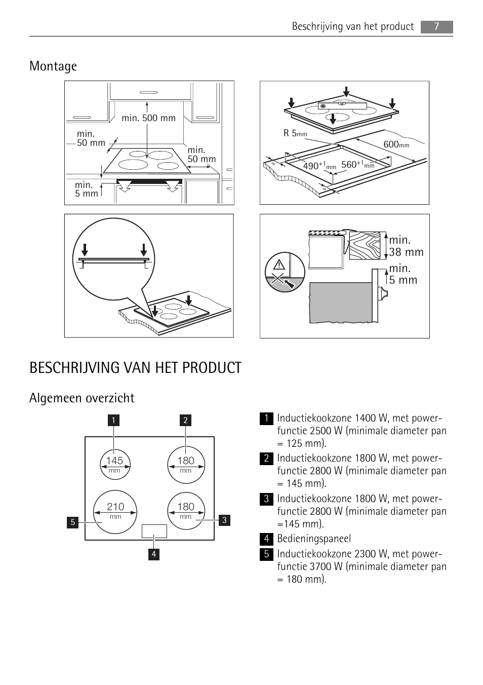 Beschrijving van het product, Montage, Algemeen overzicht | Min. 38 mm min. 5 mm | AEG HC652600EB User Manual | Page 7 / 76