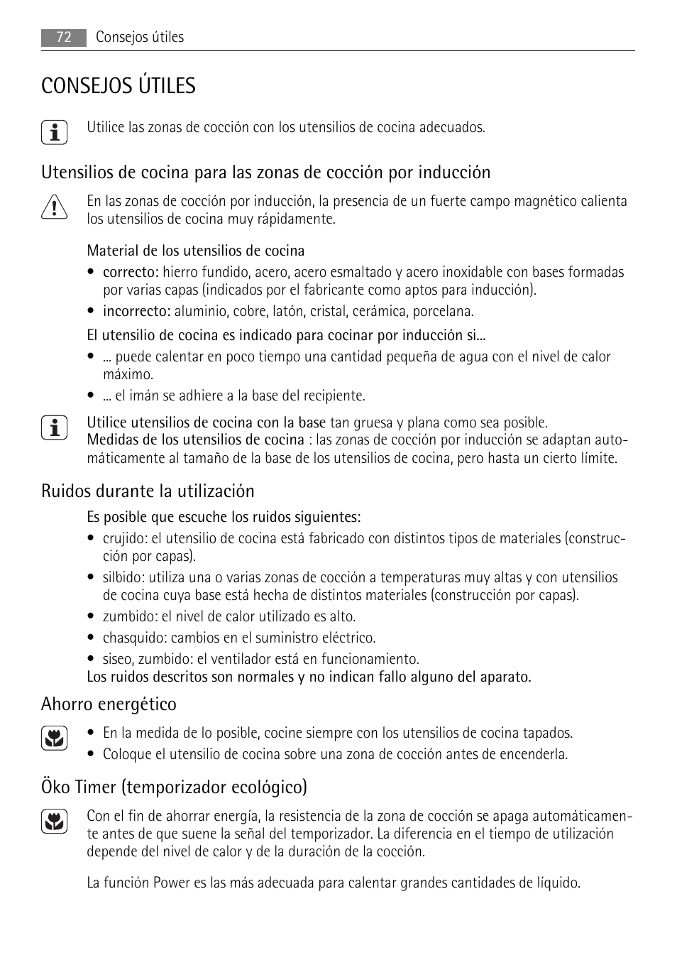 Consejos útiles, Ruidos durante la utilización, Ahorro energético | Öko timer (temporizador ecológico) | AEG HC652600EB User Manual | Page 72 / 76