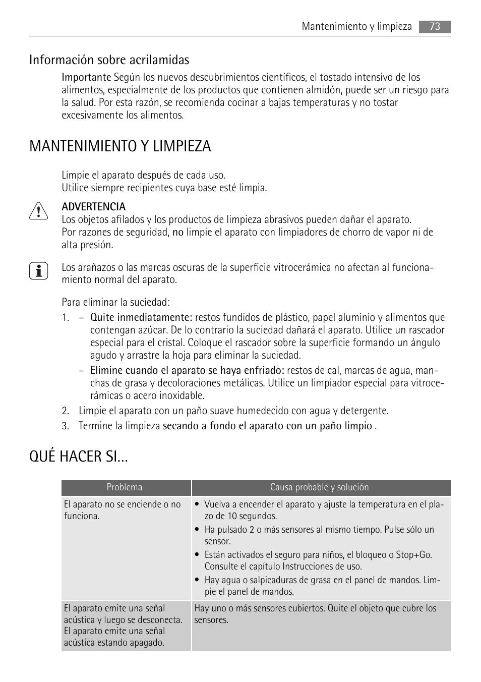 Mantenimiento y limpieza, Qué hacer si, Información sobre acrilamidas | AEG HC652600EB User Manual | Page 73 / 76