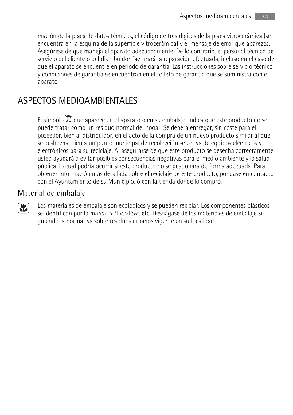 Aspectos medioambientales, Material de embalaje | AEG HC652600EB User Manual | Page 75 / 76