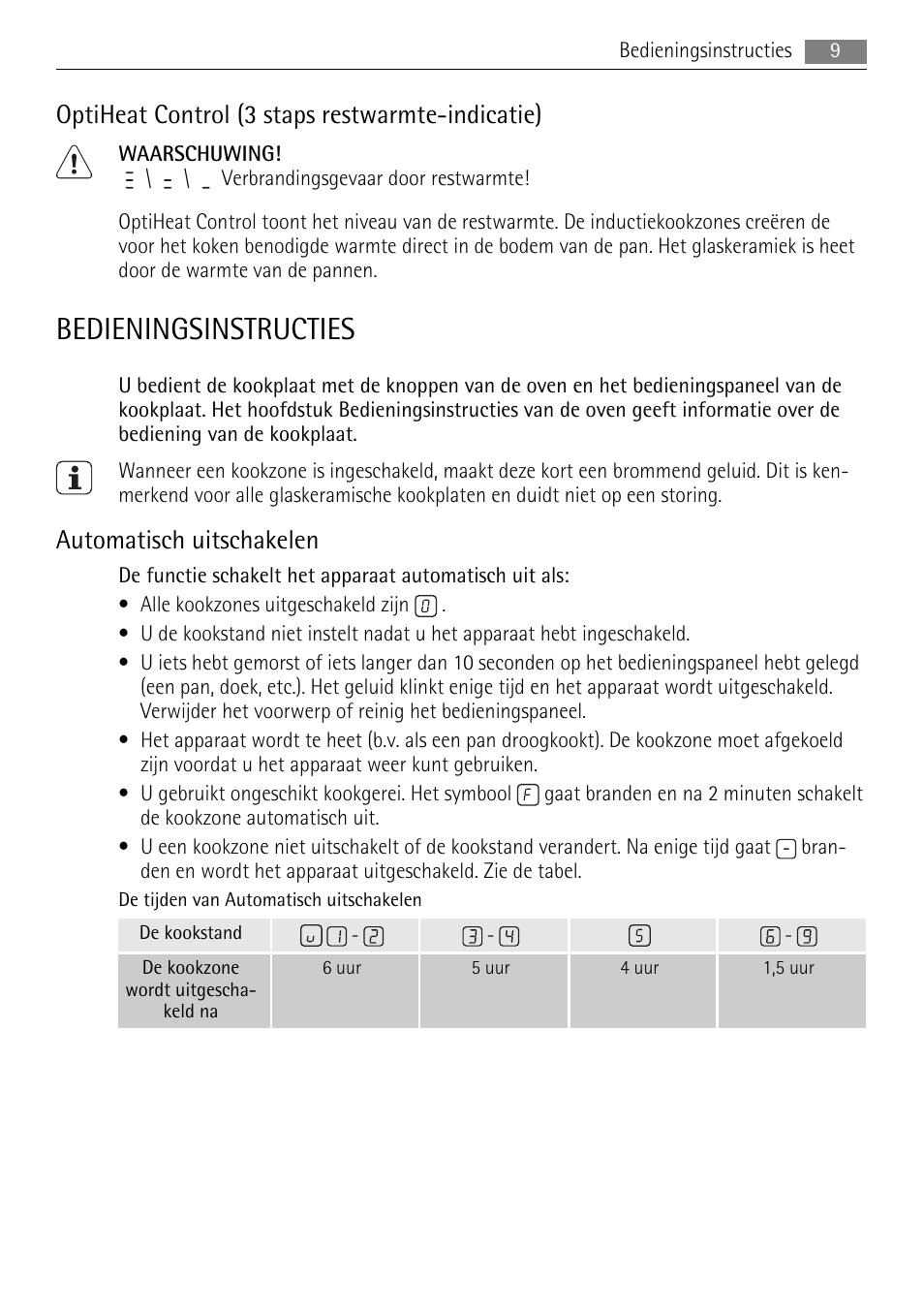 Bedieningsinstructies, Optiheat control (3 staps restwarmte-indicatie), Automatisch uitschakelen | AEG HC652600EB User Manual | Page 9 / 76