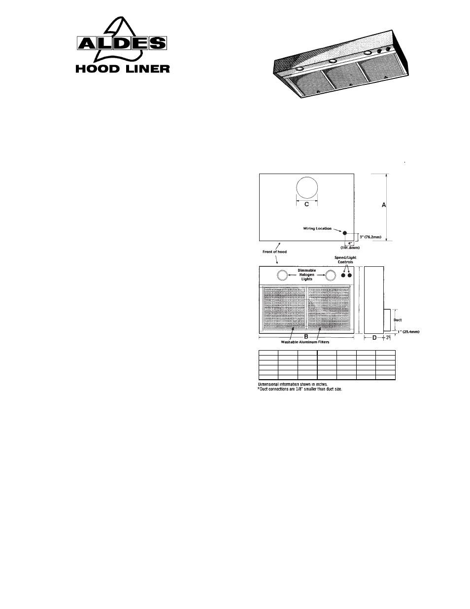 American Aldes Hood Liner User Manual | 2 pages