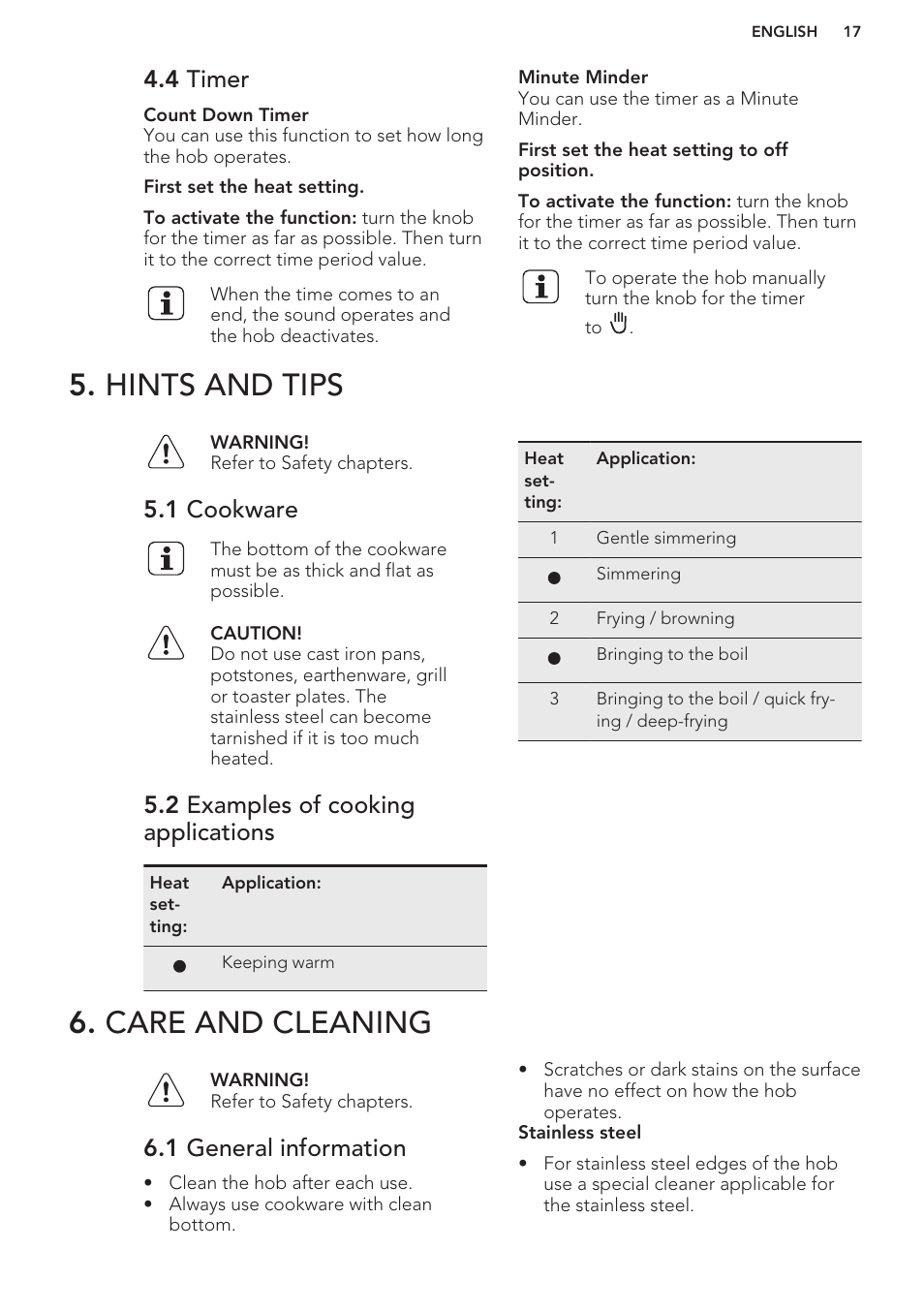 4 timer, Hints and tips, 1 cookware | 2 examples of cooking applications, Care and cleaning, 1 general information, Hints and tips 6. care and cleaning | AEG HE604000H User Manual | Page 17 / 44