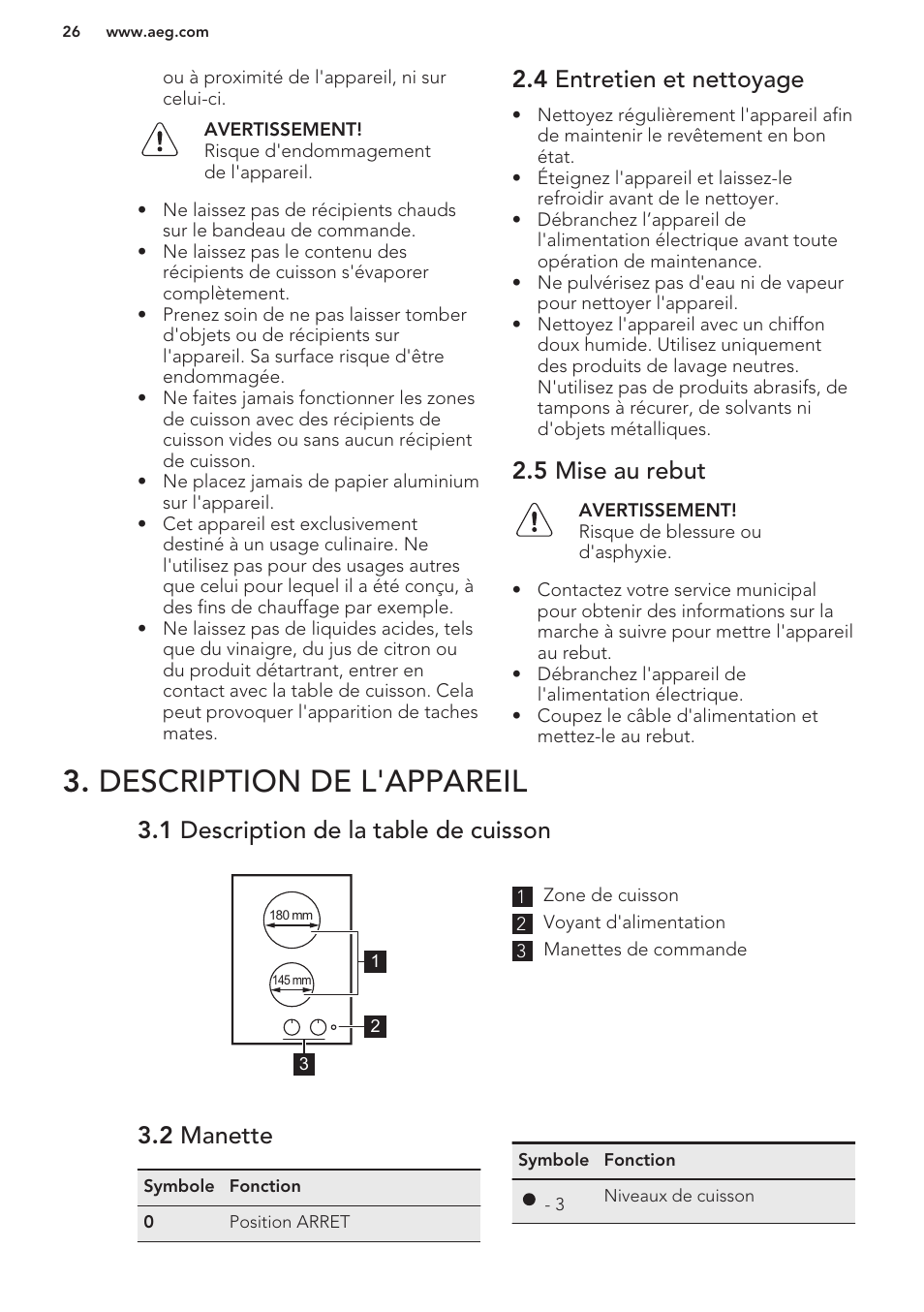 4 entretien et nettoyage, 5 mise au rebut, Description de l'appareil | 1 description de la table de cuisson, 2 manette | AEG HE604000H User Manual | Page 26 / 44