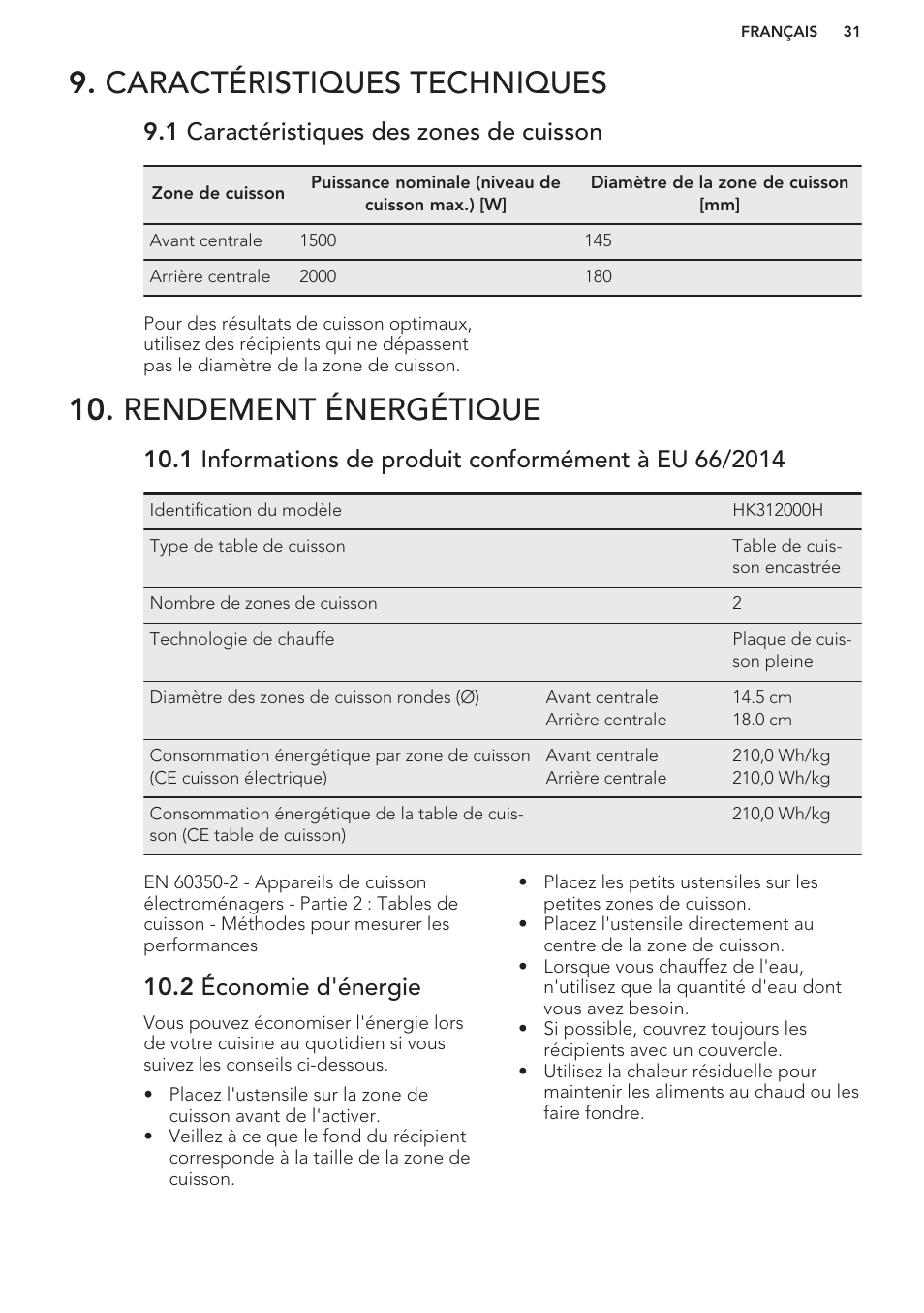 Caractéristiques techniques, 1 caractéristiques des zones de cuisson, Rendement énergétique | 2 économie d'énergie | AEG HE604000H User Manual | Page 31 / 44