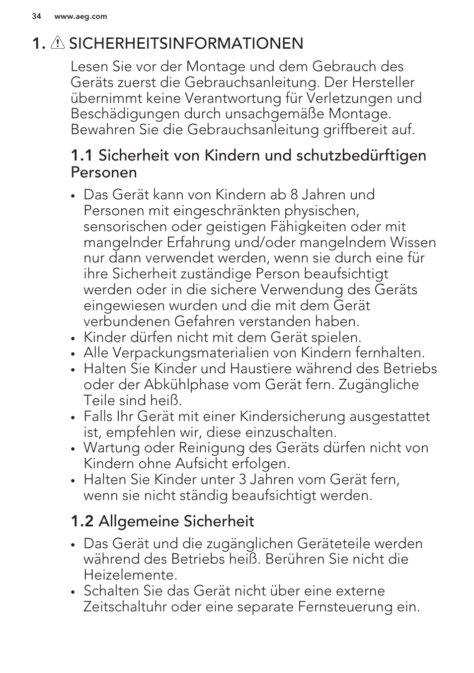 Sicherheitsinformationen, 2 allgemeine sicherheit | AEG HE604000H User Manual | Page 34 / 44