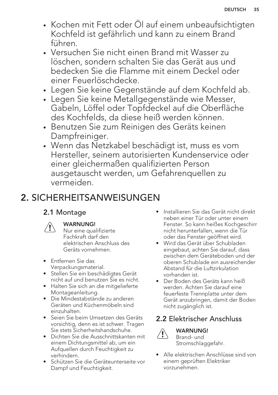 Sicherheitsanweisungen, 1 montage, 2 elektrischer anschluss | Legen sie keine gegenstände auf dem kochfeld ab | AEG HE604000H User Manual | Page 35 / 44