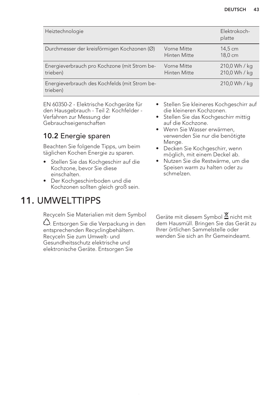 2 energie sparen, Umwelttipps | AEG HE604000H User Manual | Page 43 / 44