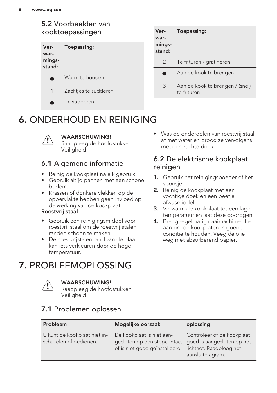 2 voorbeelden van kooktoepassingen, Onderhoud en reiniging, 1 algemene informatie | 2 de elektrische kookplaat reinigen, Probleemoplossing, 1 problemen oplossen, Onderhoud en reiniging 7. probleemoplossing | AEG HE604000H User Manual | Page 8 / 44