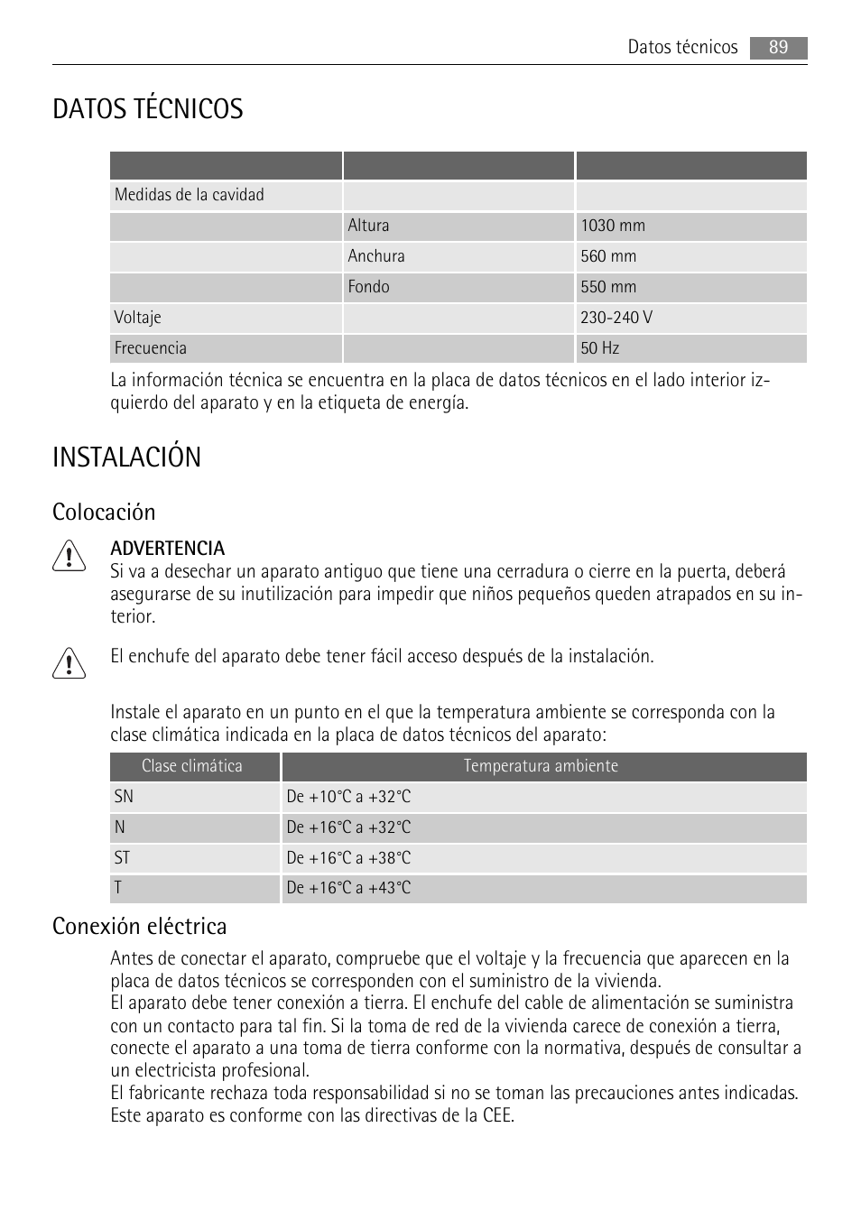 Datos técnicos, Instalación, Colocación | Conexión eléctrica | AEG SKD81840S1 User Manual | Page 89 / 100