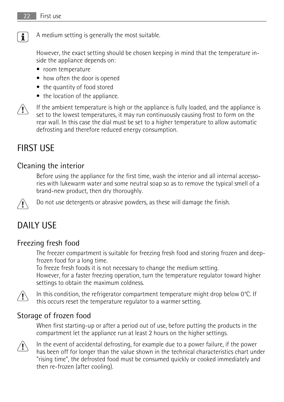 First use, Daily use, Cleaning the interior | Freezing fresh food, Storage of frozen food | AEG SKS51200S0 User Manual | Page 22 / 76