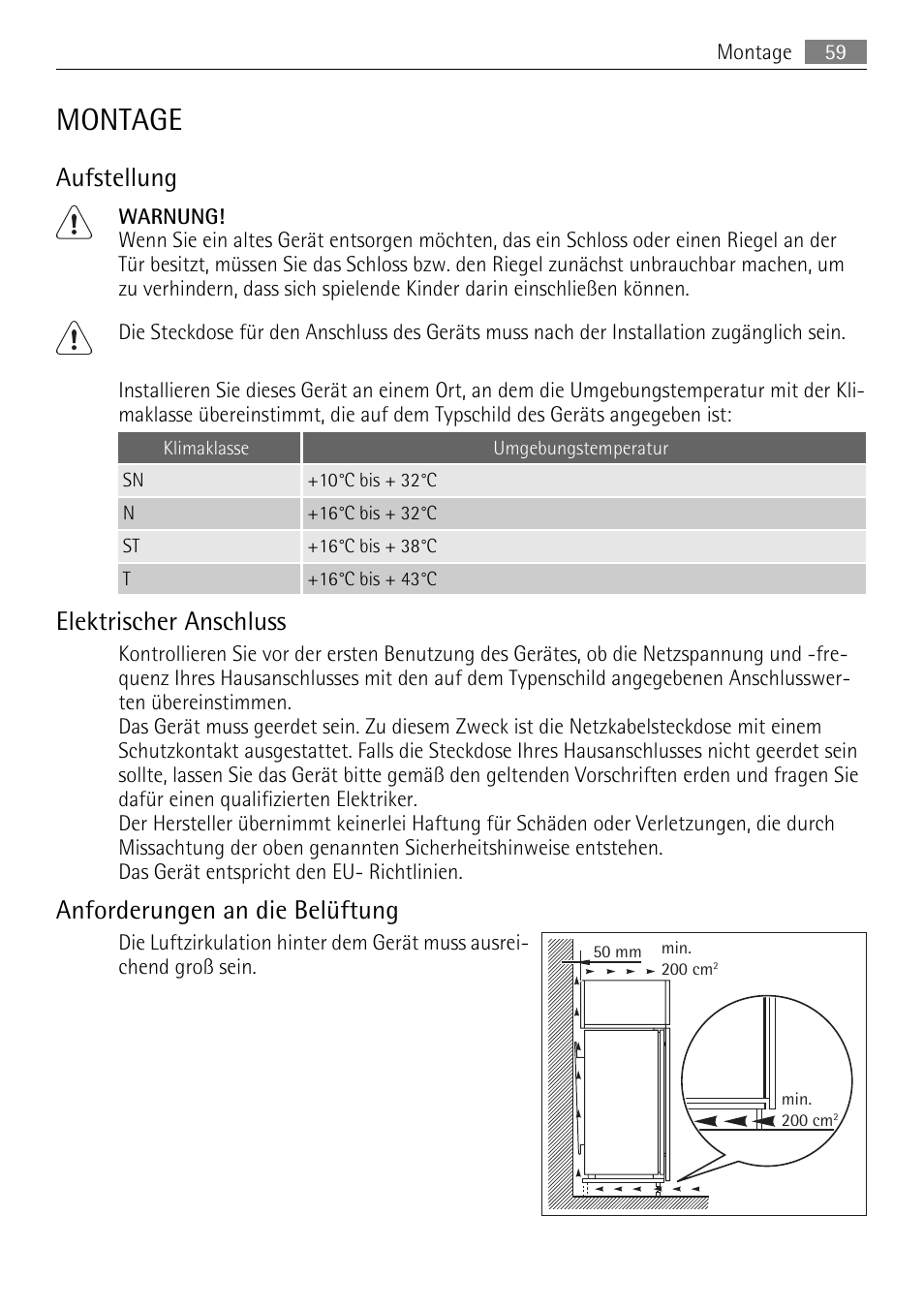 Montage, Aufstellung, Elektrischer anschluss | Anforderungen an die belüftung | AEG SKS51200S0 User Manual | Page 59 / 76