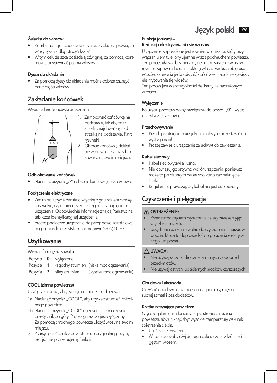 Język polski, Zakładanie końcówek, Użytkowanie | Czyszczenie i pielęgnacja | AEG HAS 5582 User Manual | Page 29 / 44