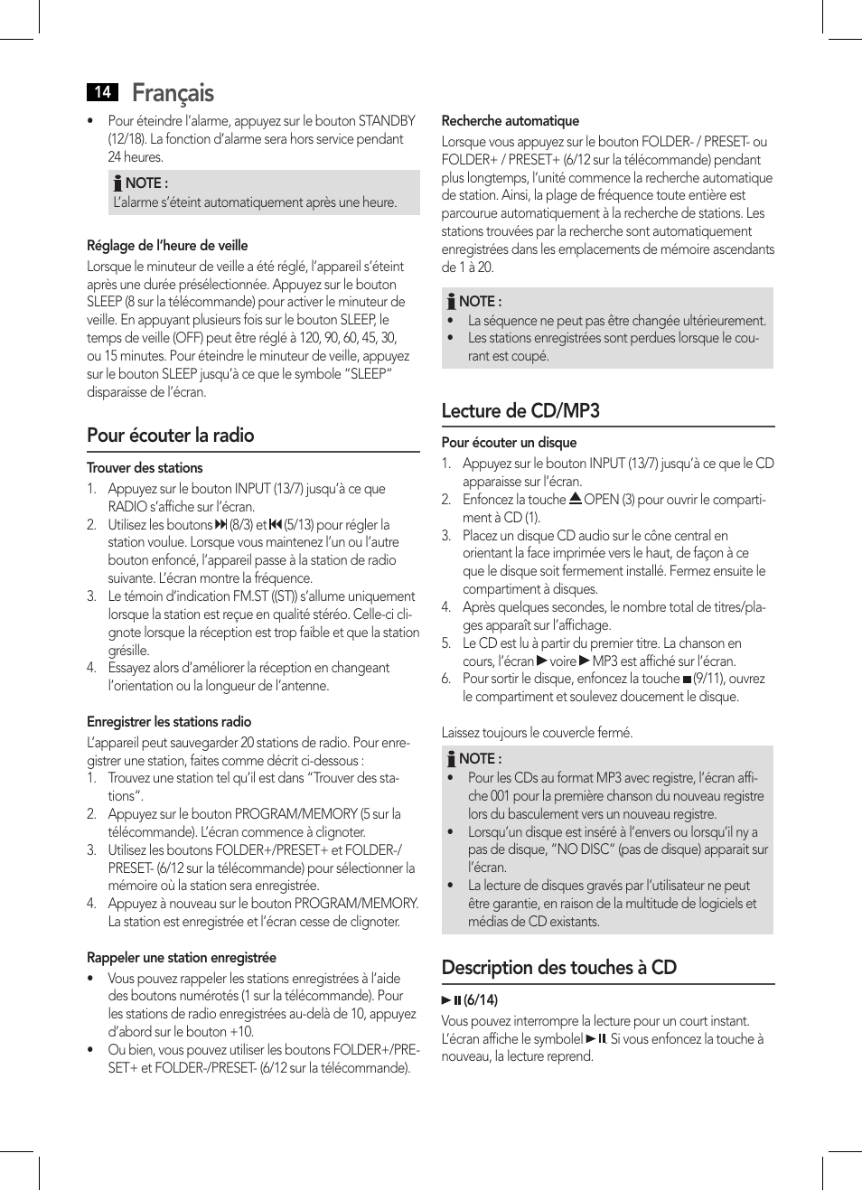 Français, Pour écouter la radio, Lecture de cd/mp3 | Description des touches à cd | AEG MC 4455 CD-MP3 User Manual | Page 14 / 38