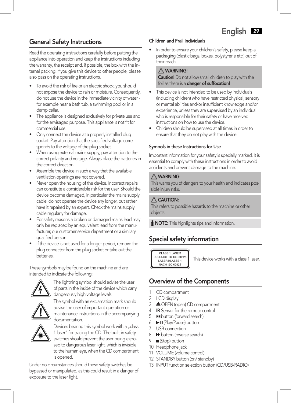 English, General safety instructions, Special safety information | Overview of the components | AEG MC 4455 CD-MP3 User Manual | Page 29 / 38