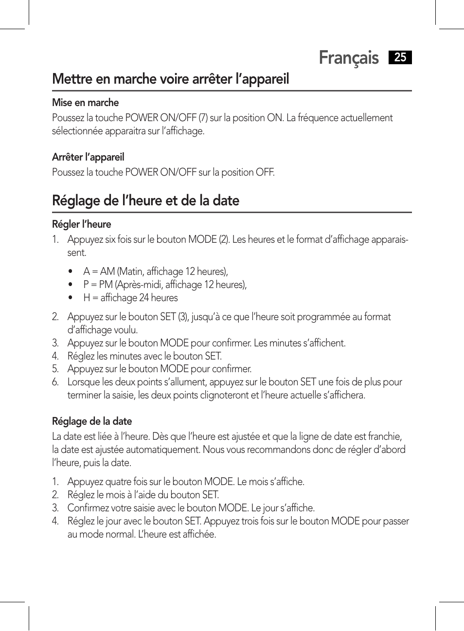 Français, Mettre en marche voire arrêter l’appareil, Réglage de l’heure et de la date | AEG WE 4125 User Manual | Page 25 / 90