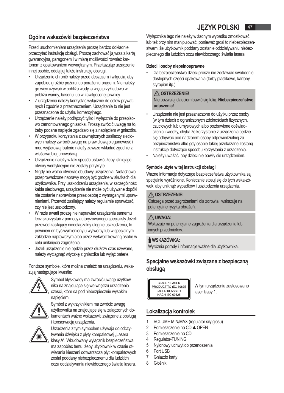 Język polski, Ogólne wskazówki bezpieczeństwa, Specjalne wskazówki związane z bezpieczną obsługą | Lokalizacja kontrolek | AEG SRP 4335 CD-MP3 User Manual | Page 47 / 74