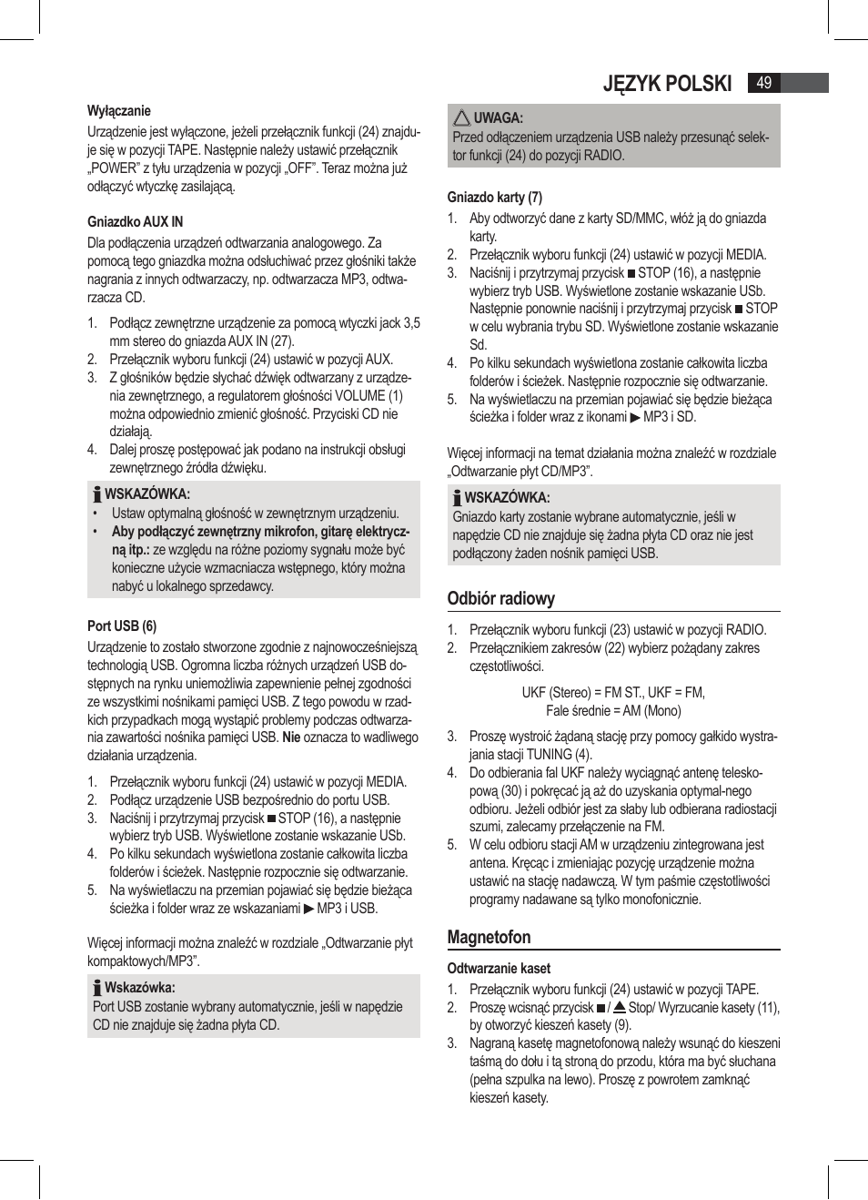 Język polski, Odbiór radiowy, Magnetofon | AEG SRP 4335 CD-MP3 User Manual | Page 49 / 74