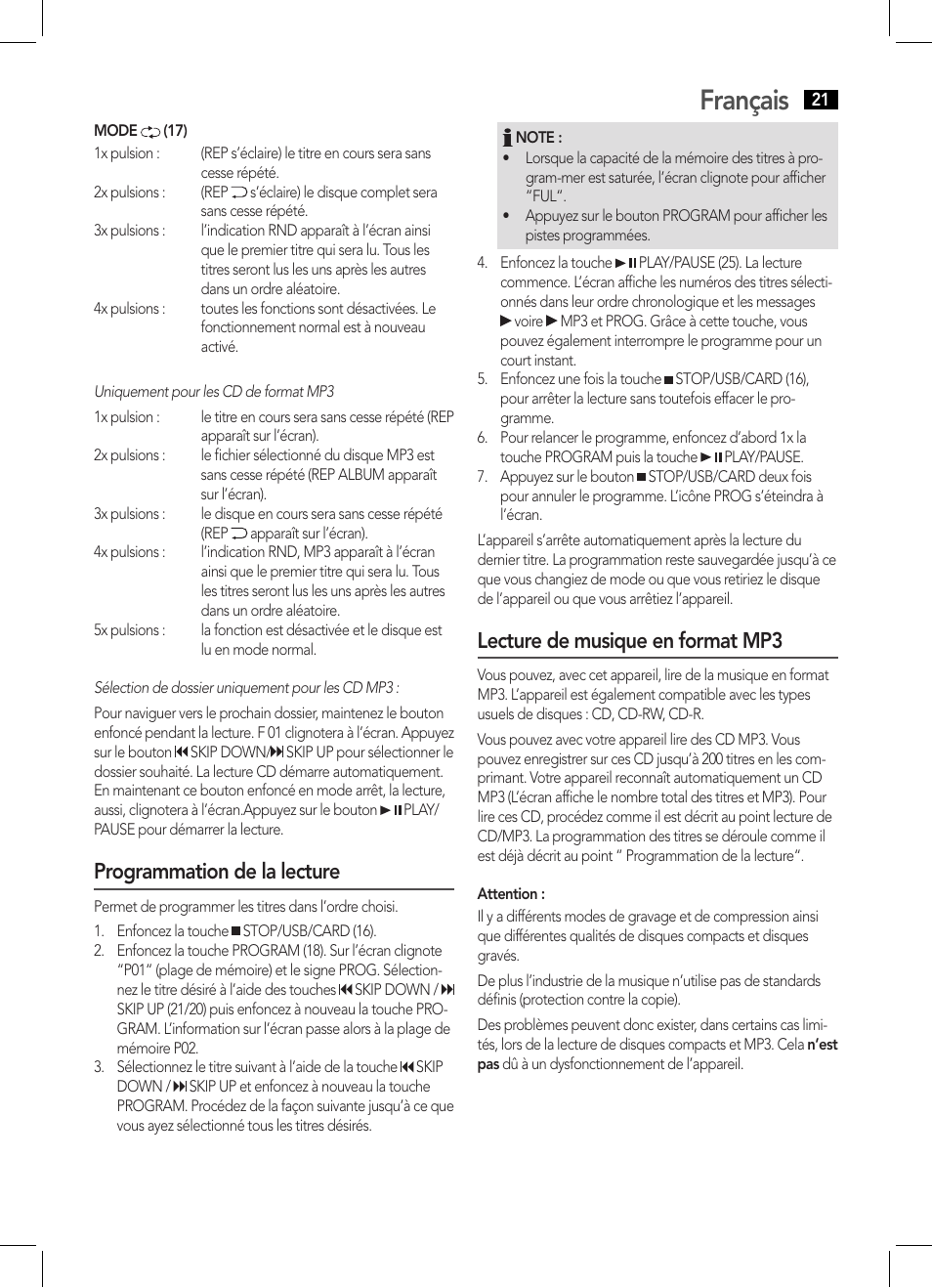 Français, Programmation de la lecture, Lecture de musique en format mp3 | AEG SRP 4335 CD-MP3 User Manual | Page 21 / 70