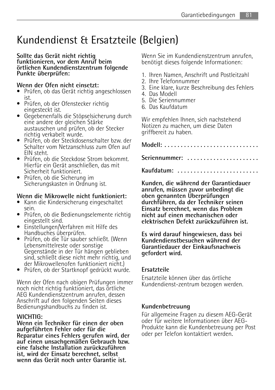 Kundendienst & ersatzteile (belgien) | AEG MC2665E-M User Manual | Page 81 / 172